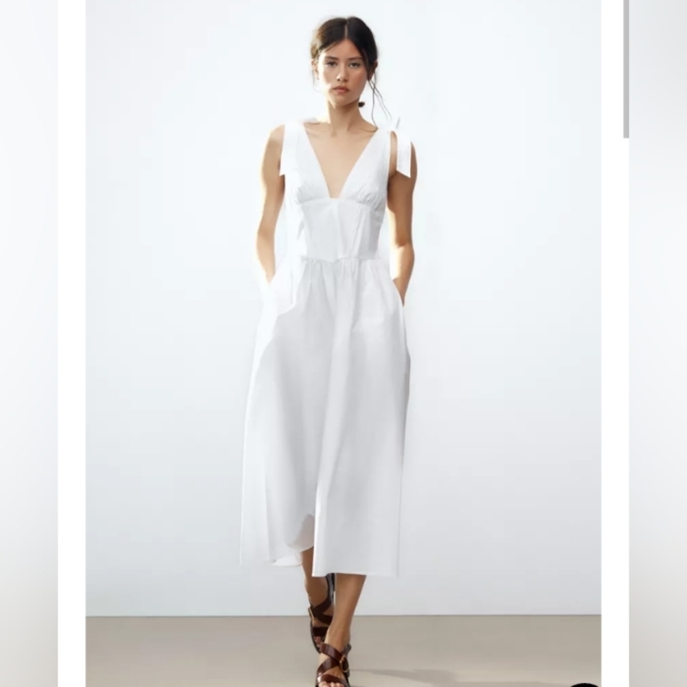Zara White Midi Sundress with V-Neck and Tie Straps